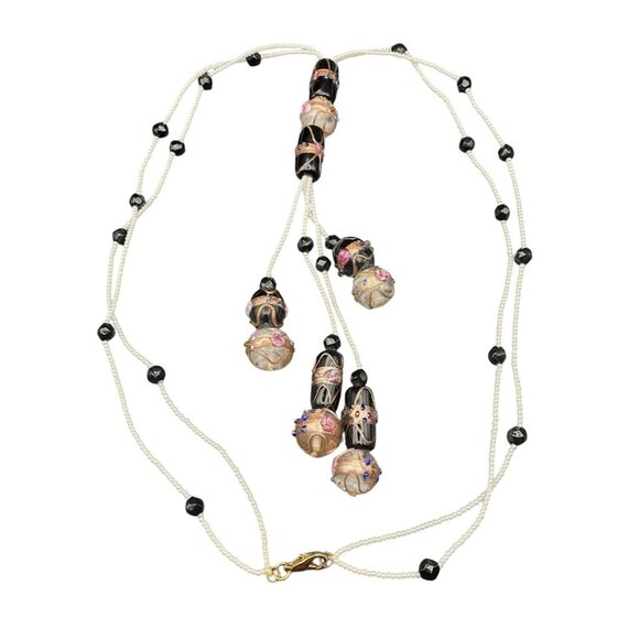 Artisan Jewelry - Handmade Lampwork Glass Bead Tassel Necklace Murano Style Black Gold Rose Beads